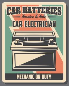 Car batteries service, vector retro poster Online Shop Design, Flyer And Poster Design, Poster Ads