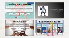 four different webpages with images and text on the front, one showing an image of