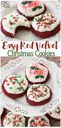 red velvet christmas cookies with white frosting and sprinkles