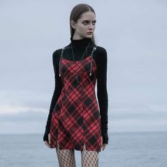 Material: Polyester;Cotton;Spandex 
Color: Red-black 
Size: S-4XL 
Sku:?OPQ-848DQF Wwe Outfit Ideas, Black Goth Aesthetic, Alternative Moodboard, Sick Aesthetic, Punk Avant Garde, Plaid Slip Dress, Witch School, Punk Plaid, Rave Style