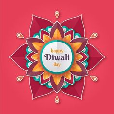 happy diwali day greeting card with colorful flower design on red and yellow background