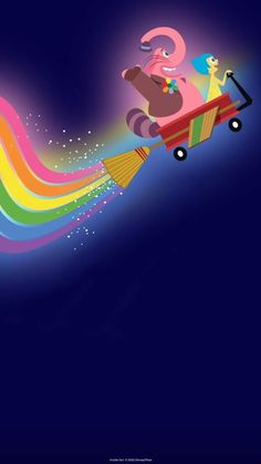 an elephant riding on top of a rainbow - colored cart with a cat in it