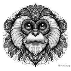 a black and white drawing of a lion's head with ornate details on it