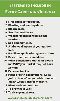 a green and white poster with the text 15 items to include in every gardening journal