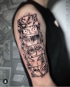 a man's arm with an anime character on it and some other characters in the background