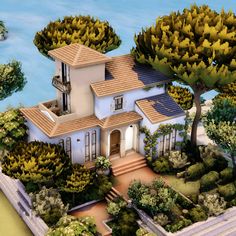 an artist's rendering of a house with trees and shrubs around the front yard