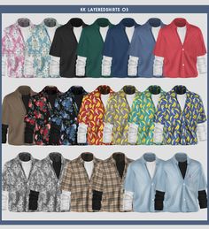 an assortment of men's clothing is shown in multiple colors and sizes, including shirts