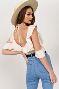 Chic Cropped Ruffle Crop Top, White Ruffles Crop Top, Fitted V-neck Ruffle Crop Top, White Off-shoulder Crop Top With Ruffles, Fitted Puff Sleeve Top With Ruffles, Cropped, Cold Shoulder Crop Top, Beige Crop Tops, Party Crop Tops, Bodycon Mini Skirt