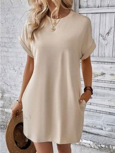 Lasaky - Solid Color Round Neck Batwing Sleeve Dress with Hidden Pockets Era Dresses, Loose Mini Dress, Short Women, Dress With Sleeves, Korean Street, Short Sleeve Mini Dress, Crewneck Dress, Fruit Print, Necklines For Dresses