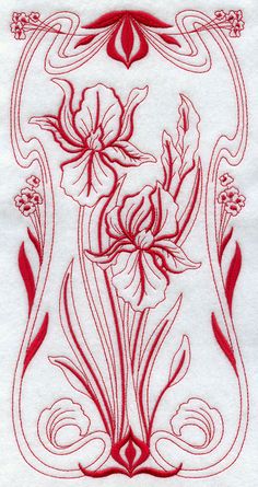 a red and white embroidered design with flowers