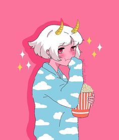 an anime character holding a popcorn bucket