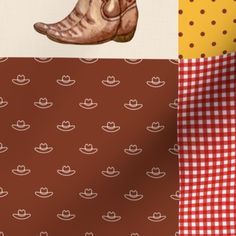 a collage of different patterns and colors with cowboy boots on the top one is red, white, and brown