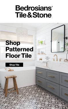 a bathroom with gray cabinets and white walls, along with the words shop patterned floor tile