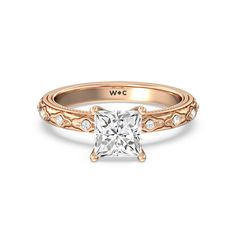 https://embed.imajize.com/3550104 Rose Gold Princess, Detailed Ring, The Cathedral, Antique Design, Front View, Orange Blossom, Pave Diamonds, Prong Setting, Engagement Ring