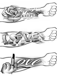 three different tattoos with the words love on them