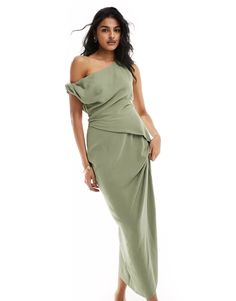 ASOS DESIGN fallen shoulder linen look midi dress with pleat waist in sage | ASOS Elegant Green Midi Dress With Side Slits, Chic Green Maxi Dress With Draped Sleeves, Spring One-shoulder Pre-draped Midi Dress, Green Ruched Midi Dress With Asymmetrical Neckline, Chic Green Midi Dress With Draped Sleeves, Chic Sage Midi Dress For Spring, Chic Sleeveless Dress In Sage Color, Green Draped Midi Dress For Spring, Chic Green Draped Midi Dress