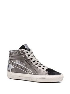 Golden Goose Slide high-top Sneakers - Farfetch Slide Golden Goose, Silver High-top Sneakers With Vulcanized Sole, Silver Leather High-top Sneakers For Streetwear, Silver Lace-up High-top Sneakers For Streetwear, Casual Silver Leather High-top Sneakers, Silver High-top Sneakers With Abzorb Midsole, Silver High-top Sneakers With Laces, Silver Casual High-top Sneakers With Boost Midsole, Casual Silver High-top Sneakers With Boost Midsole