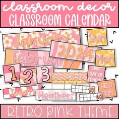 the classroom calendar is displayed with pink and orange colors