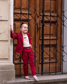 Stylish wine red cotton suit for girls. Tailored toddler suit for every casual or formal occasion. The formal dress wear features a single breast design with lapel, slim fit,  front flap pockets and viscose lining.High waisted cotton pants with side hidden zipper and front pleats.Waistband with loops for belt and elastic to adjust the width of the kid's waist.Dress up the smallest member of the family in our kid's formal wear suit that is ideal for use at any formal or semi-formal occasions. Tod Chic Red Semi-formal Suit, Kids Red Formal Ankle Pants, Red Button Closure Suit For Semi-formal Occasions, Baby Suits Boy Wedding Red, Kids Suits Boys Formal Wear Pink, Kids Formal Wear, Kids Blazers, Toddler Suits, Kids Formal