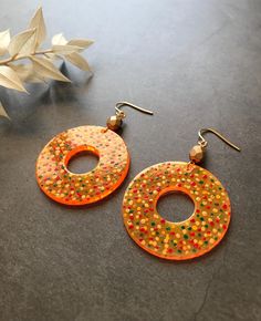 This item is unique, hand-painted by me with special jewelry water-resistant paints. I like retro style. The design of these earrings is inspired by the retro style of the 50s, 60s, and 70s when was so popular clothing and jewelry with dots. Having chosen these earrings, you will not find the same jewelry on anyone else. The other retro style earrings you can find in the section "Hand painted Earrings". MORE DETAILS * Materials used: hand-painted plastic details, Czech matte glass beads, stainle Colorful Handmade Retro Jewelry, Retro Yellow Earrings For Party, Retro Yellow Party Earrings, Retro Orange Jewelry For Party, Yellow Retro Party Earrings, Handmade Retro Multicolor Earrings, Handmade Retro Orange Earrings, Retro Handmade Orange Earrings, Colorful Retro Earrings For Gifts