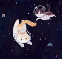 two cats in space looking at each other with their heads above the cat's head