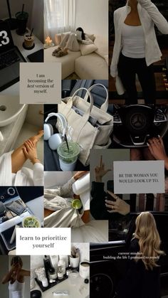 a collage of photos with various items and words on them, including a woman's handbag