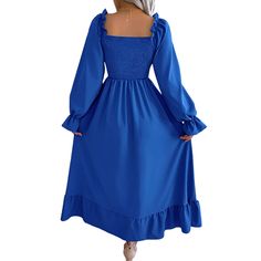 Blue Ruffle Square Neck Pleated Flare Dress Fall Midi Dress With Ruffles And Square Neck, Solid Color Ruffled Midi Dress For Fall, Solid Ruffled Midi Dress For Fall, Solid Midi Dress With Ruffles For Fall, Fall Solid Color Midi Dress With Ruffles, Blue Midi Dress With Ruffle Hem And Sleeves, Women Dresses, Maxi Dresses, Dresses Maxi