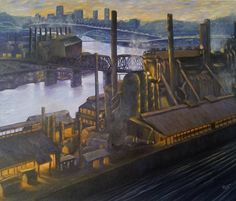 an oil painting of a factory by the water at night with city lights in the background