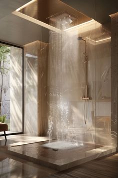 a bathroom with a large shower head and wooden floors