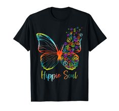 PRICES MAY VARY. Symbols of hippie life are love, peace, daisy, butterflies, kindness and freedom. If you love the hippie lifestyle, you'll love this Hippie Soul butterfly design filled with peace symbols floating away representing transformation and freedom. Great design for International Day of Peace, Unity Day, summertime or a day at the beach. Click the Dibble Dabble Designs brand link above for more designs. Lightweight, Classic fit, Double-needle sleeve and bottom hem Soul Butterfly, Peace Symbols, Peace Sign Shirts, Day Of Peace, Unity Day, International Day Of Peace, Hippie Lifestyle, 70s Clothing, Hippie T Shirts