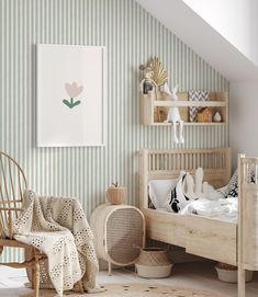 a child's bedroom with green and white striped walls