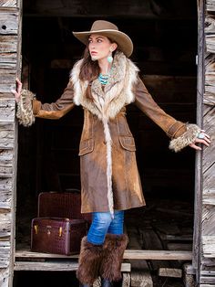 Fine Italian distressed leather, vintage look in ambers and chocolate, with luxurious western coyote fur. Tailored fit, with stitched western finish. Note the beautiful styling, buck stitched pocket and seams. Full coyote collar and wrist sleeve. Appeal for all climates. I just love this coat, and you will too! Tailored measurement required, to make sure this fits like a glove! Available in "just coyote" or optional "goat accent" as shown on knee length coat. Custom length available knee length, Fitted Western Leather Jacket For Winter, Western Style Fitted Leather Jacket For Winter, Western Style Brown Leather Jacket For Winter, Brown Western Leather Jacket For Winter, Brown Leather Outerwear For Western-themed Events, Western Brown Rodeo Outerwear, Brown Winter Outerwear For Rodeo, Western Brown Outerwear For Rodeo, Brown Western Outerwear For Rodeo