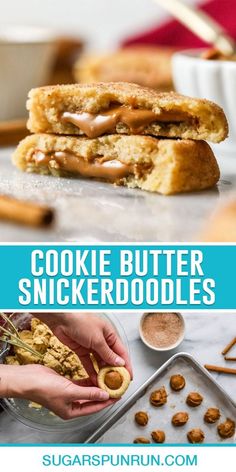 two photos with the words cookie butter snickkerdoodles in front of them