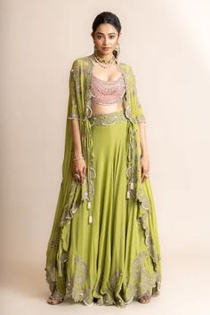 Shop for Nupur Kanoi Green Cape- Georgette Mirror Work Cape And Circular Pant Set for Women Online at Aza Fashions Nupur Kanoi, Embroidery Mirror, Dupatta Style, Off White Jacket, Multicolor Sequins, Cape Designs, Green Mirror, Georgette Blouse, Cape Sleeves