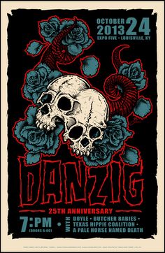 the poster for danzig's 25th anniversary concert, featuring skulls and roses