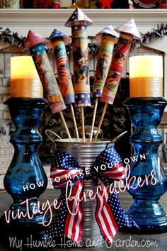 an arrangement of candles in blue vases with american flags on them and the words, how to make your own vintage crockers