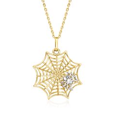 Ross-Simons - 14kt Two-Tone Gold Spiderweb Pendant Necklace. 18". If spooky season is your favorite, you'll love this unique pendant necklace. A stylish spiderweb shines in polished 14kt yellow gold with a tiny 14kt white gold spider perched on top. Suspends from a classic cable chain with a 2" extender. Springring clasp, 14kt two-tone gold spiderweb pendant necklace. Unique Pendant Necklace, Detailed Necklace, Natural Gold, Mom Necklace, Timeless Jewelry, Unique Pendant, Fine Jewellery Necklace, Spooky Season, Chain Styles