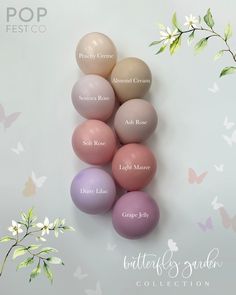 six different shades of pastel colored balloons on a white background with flowers and butterflies