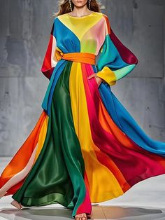 Olivia Mark - Fashionable Regular Fit Dress with Belt and Colorblock Accents on Balloon Sleeves Silk Dresses Long, Evening Maxi Dresses, Colorful Maxi Dress, Long Sleeve Outfits, Balloon Sleeve Dress, Silk Dress Long, Silk Dresses, Half Sleeve Dresses, Linen Maxi Dress