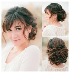 Updo With Front Bangs, Low Updo With Bangs, Fringe Updo Hairstyles, Wedding Updo With Bangs, Wavy Bridal Hair, Haircut Options, Formal Hairdos, Hairstyles Formal, Wavy Wedding Hair