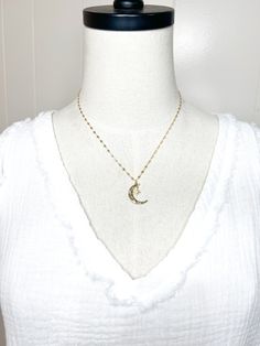 Moon & Star necklace 18K gold or rhodium plated • CHAIN LENGTH: 16" + 3" extender chain. CLASP STYLE: Lobster clasp Made in USA Gold Chain Necklace With Moon Charm, Gold Moon Charm Chain Necklace, Gold Celestial Dangle Necklaces, Gold Celestial Dangle Necklace, Gold Celestial Dangle Charm Necklaces, Gold Dangle Necklaces With Moon Charm, 14k Gold Filled Necklace With Moon Charm, Celestial Style Gold-plated Jewelry With Adjustable Chain, Celestial Style Charm Necklace With Adjustable Chain, Gold Plated