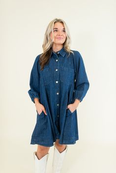 Collared Pockets at bust and side Long sleeves with elastic cuffs Lightweight Non-sheer 100% Cotton SIZES: SMALL MEDIUM LARGE Game day or concert, this denim dress has got your back. Featuring a full button-up front and long sleeves, this mini dress is perfect for any fall event. Pair with boots and a hat for a country vibe, or sneakers for a sporty look. SIZE XS S M L XL 2XL 3XL FITS A SIZE 00-0 2-4 6-8 10-12 14-16 18-20 22-24 Long Sleeve Medium Wash Denim Dress For Day Out, Casual Fitted Denim Dress With Button Cuffs, Dark Wash Long Sleeve Dress With Buttons, Casual Dresses With Button Cuffs In Relaxed Fit, Oversized Long Sleeve Medium Wash Denim Dress, Oversized Long Sleeve Denim Dress In Medium Wash, Dark Wash Long Sleeve Washed Dress, Relaxed Fit Dark Wash Dress With Button Closure, Dark Wash Relaxed Fit Dress With Button Closure