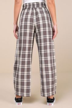 We're ready to style the Lulus Uniquely Stylish Grey and Mauve Plaid High-Rise Wide-Leg Pants with all our favorite sweaters this season! Lightweight woven fabric boasts a grey, brown, and beige plaid design as it shapes a high, banded waist with a hidden zip fly and top clasp closures. Front diagonal pockets and pleated details accent the wide legs, which end at ankle-length hems. Elastic at back for fit. Fit: This garment fits true to size. Length: Ankle length. Size medium Inseam: 29.00 Front Beige Plaid, Brown And Beige, High Rise Pants, Favorite Sweater, Plaid Design, Wide Legs, Ankle Length, Leg Pants, Woven Fabric