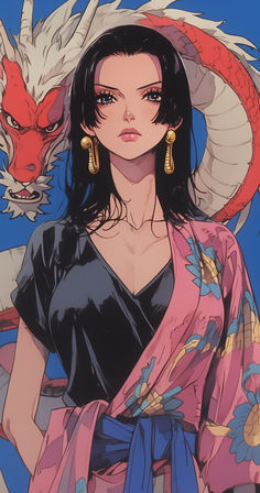 a woman in a kimono with a dragon on her head and an animal behind her