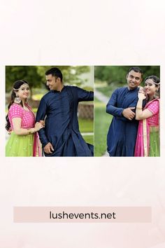 two pictures of a man and woman posing for the camera with their arms around each other