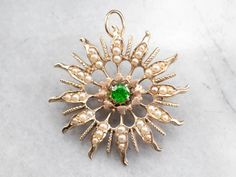 Antique Demantoid Garnet and Seed Pearl Brooch Gold Starburst, Demantoid Garnet, Antique Bridal Jewelry, Garnet Gem, Victorian Wedding, Antique Wedding, Antique Brooches, Gold Piece