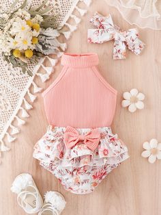 Pink  Collar Sleeveless  Floral  Embellished Non-Stretch Fall,Spring Baby Girls Clothing Baby Outfits Girl, Newborn Baby Girl Outfits, Spring Baby Clothes, Infant Clothes, Floral Rosa