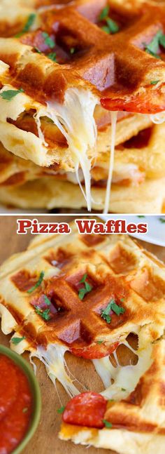 pizza waffles with sauce and parsley on the top one is cut in half