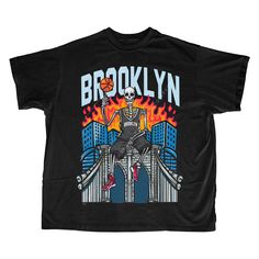 Get ready to make a statement with this fierce Brooklyn basketball graphic T-Shirt. Featuring the iconic bridge and inspired with a horror-streetwear design this shirt is not for the faint of heart. Made with the highest quality materials, it is comfortable enough to wear all day and built to withstand all of your adventures. The vibrant Brooklyn graphics on the front will make it clear to everyone which team you stand with, while the street style design gives off major urban vibes. Whether you're heading to the game or just cruising the streets, this t-shirt is sure to become a go-to in your wardrobe. So don't wait, add it to your collection today and let your team spirit shine in true Brooklyn style. This classic unisex jersey short sleeve tee fits like a well-loved favorite. Soft cotton Brooklyn Basketball, Street Style Design, Vintage Brooklyn, Brooklyn Style, T Shirt Printer, Basketball T Shirt, Shirt Store, Zipper Hoodie, Style Design