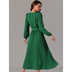 This dress features a long puff sleeve, V-neckline, and an empire belt waist, creating a casual A-line silhouette with ruffle pleats. The pleated midi dress comes in a variety of colors, making it easy to find the perfect one for your personal style. Perfect for various occasions such as weddings, cocktail parties, formal events, and daytime outings, this dress is suitable for spring and fall daily wear. It offers a flattering wrap design that cinches at the waist, creating a beautiful silhouett Green Pleated Dress, Pleated Shirt Dress, Pleated Shirt, Midi Slip Dress, Ballet Dress, Mini Skater Dress, Cocktail Parties, Dress With Belt, Pleated Midi Dress